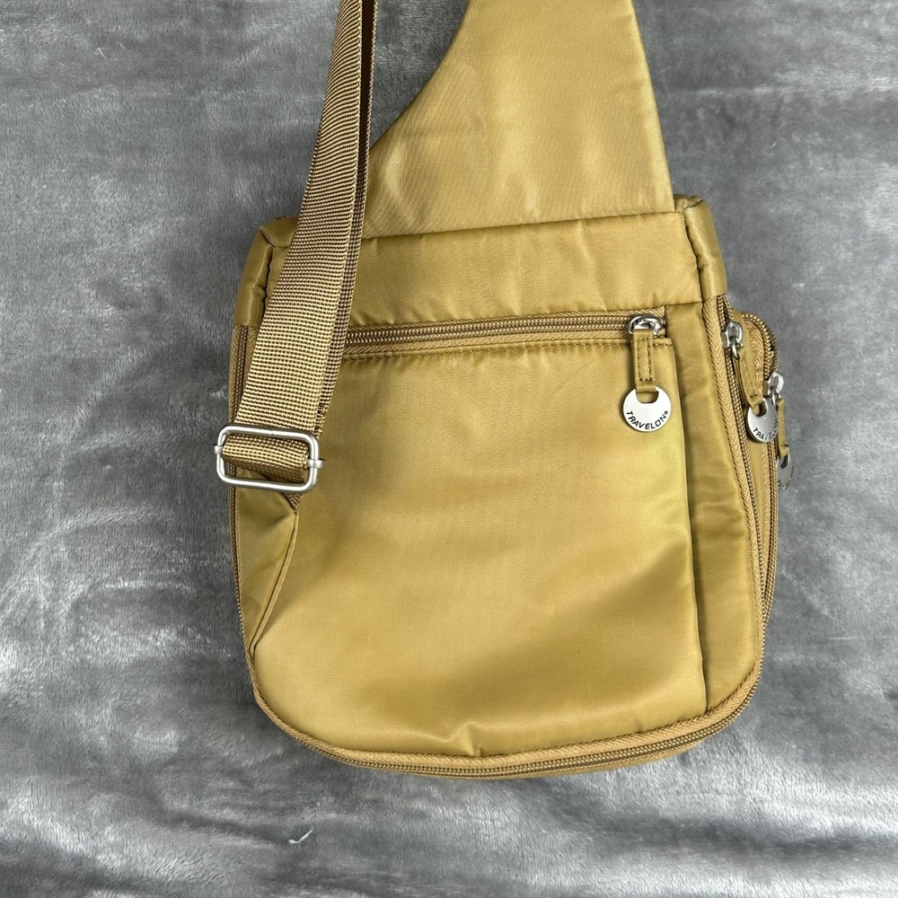 Travelon Anti-Theft Sling Bag Mustard Gold Nylon Crossbody with RFID Pouch - Picture 2 of 10